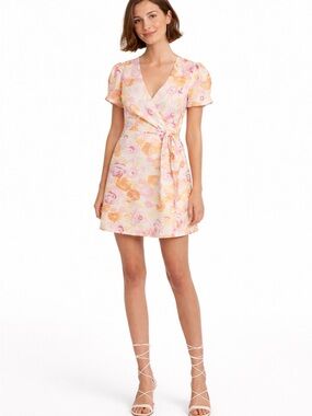 Charlie Holiday Floral Wrap Mini Linen Blend Dress 2 NWT